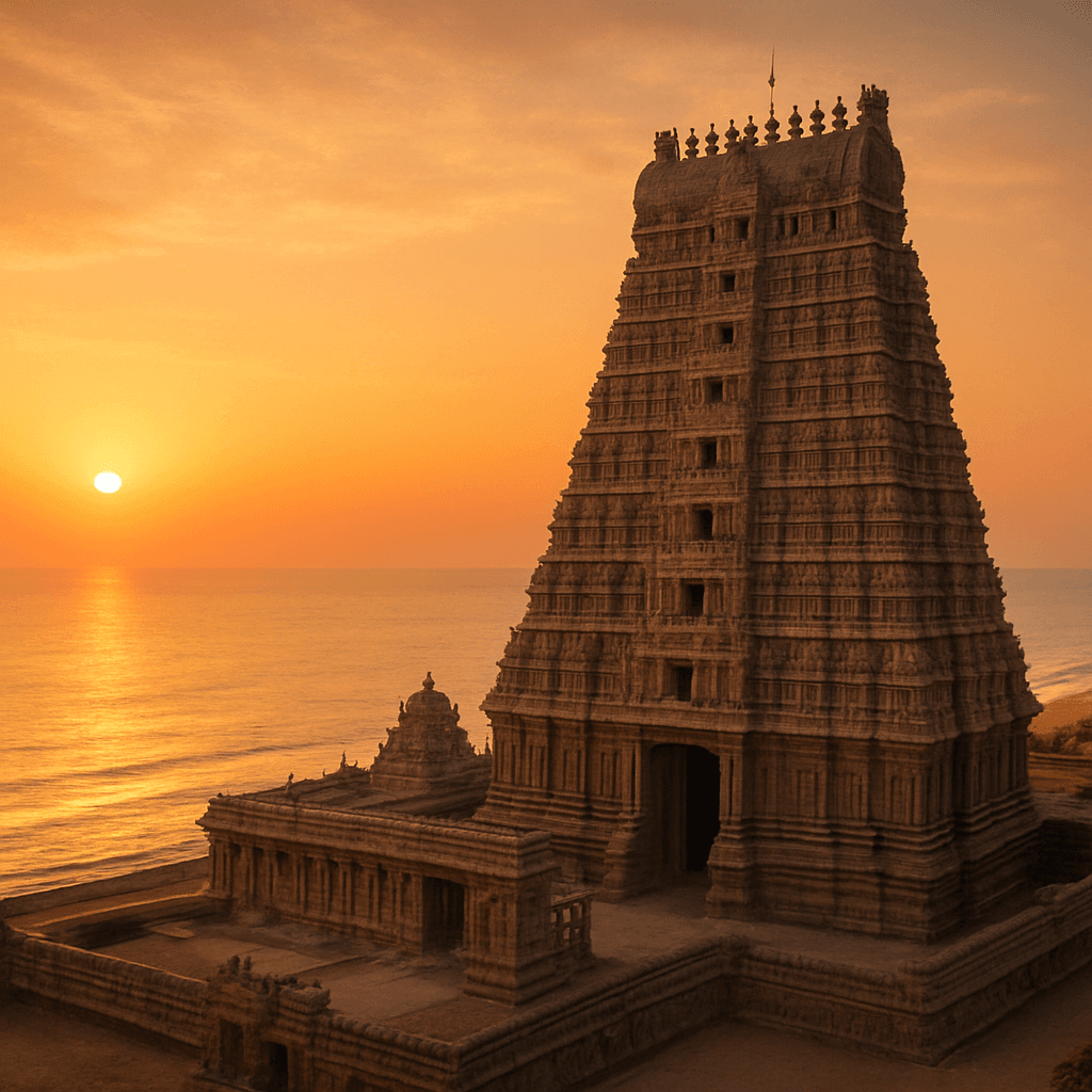 Tiruchendur Murugan Temple beside the sea at sunrise